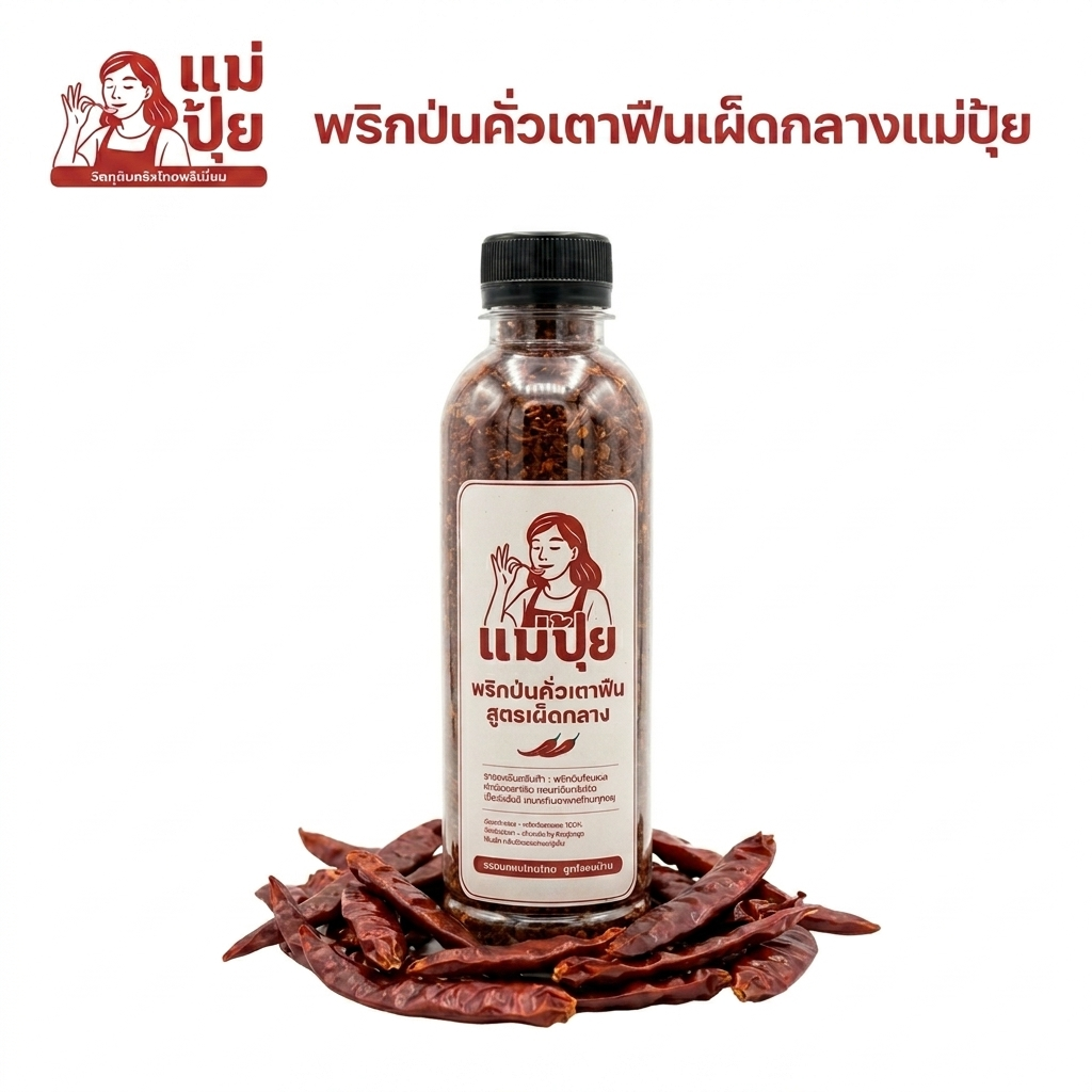 ขวดพริกป่นคั่วเตาฟืน สูตรเผ็ดกลาง แบรนด์แม่ปุ้ย