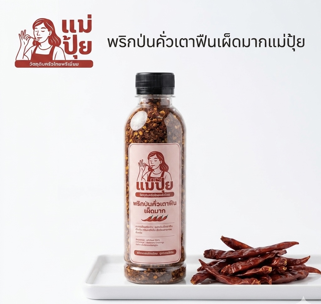 ขวดพริกป่นคั่วเตาฟืน สูตรเผ็ดมาก แบรนด์แม่ปุ้ย